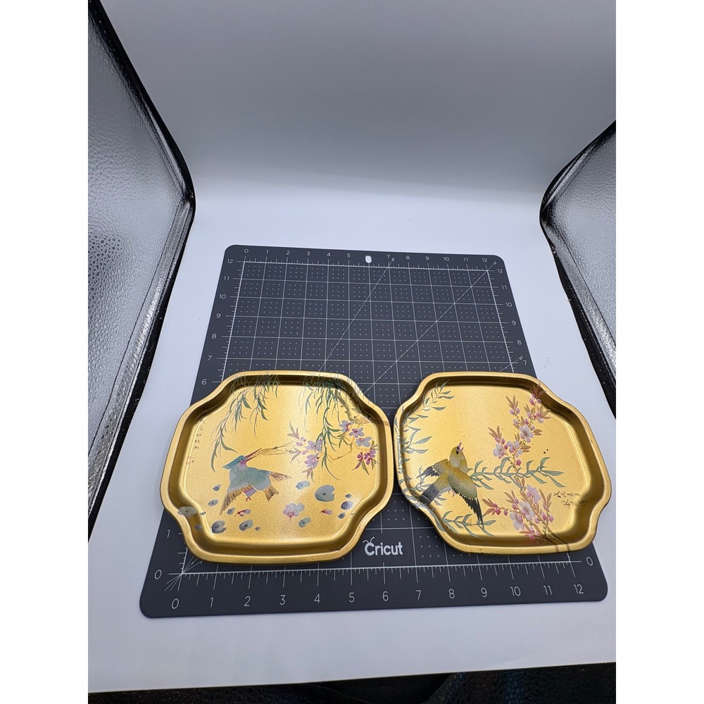 Vintage Elite Trays England Gold Metal Bird Floral Chinoiserie Mini Trays Set 2